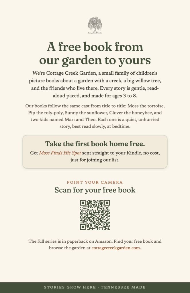 A free book from our garden to yours: Cottage Creek Garden offers the ebook Moss Finds His Spot to families who join their mailing list