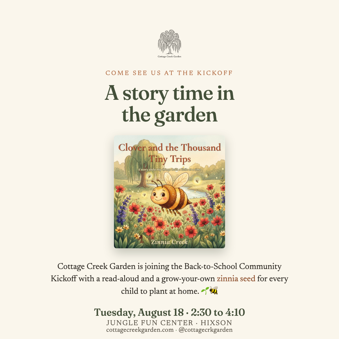 Cottage Creek Garden promo for a story time in the garden, Tuesday August 18, 2:30 to 4:10, at the Jungle Fun Center in Hixson